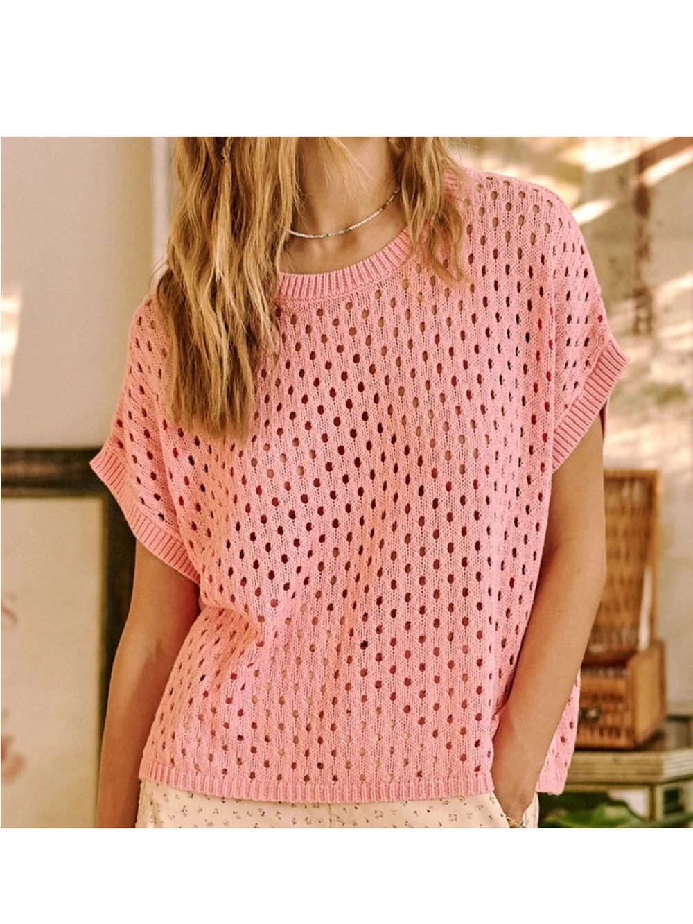 Mittoshop Mineral Wash Open Knit Short Sleeve Sweater Pink